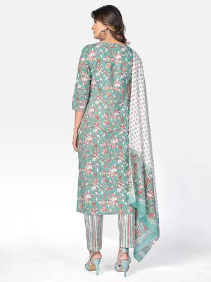 Women's Embroidered & Mirror Work Straight Cotton Sea Green Kurta With Pant & Dupatta 2
