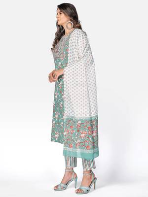 Women's Embroidered & Mirror Work Straight Cotton Sea Green Kurta With Pant & Dupatta 3