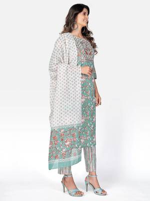 Women's Embroidered & Mirror Work Straight Cotton Sea Green Kurta With Pant & Dupatta 4