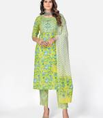 Women's Embroidered & Mirror Work Straight Cotton Lime Green Kurta With Pant & Dupatta