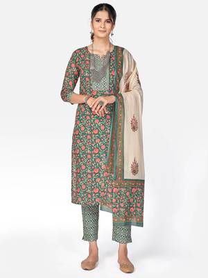 Women's Floral Print Straight Cotton Green Kurta With Pant & Dupatta 1