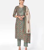 Women's Floral Print Straight Cotton Green Kurta With Pant & Dupatta