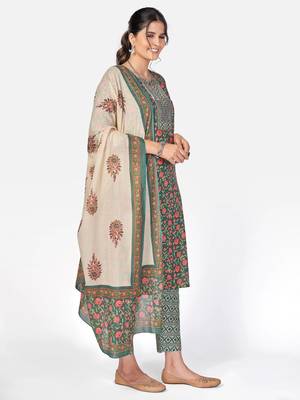 Women's Floral Print Straight Cotton Green Kurta With Pant & Dupatta 4