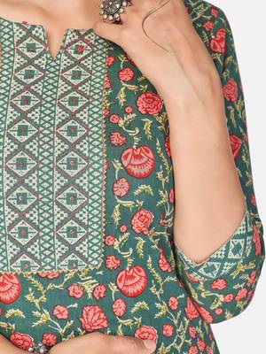 Women's Floral Print Straight Cotton Green Kurta With Pant & Dupatta 5