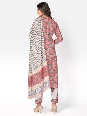 Women's Printed & lace Work Straight Cotton Pink Kurta With Pant & Dupatta 2