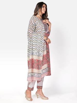 Women's Printed & lace Work Straight Cotton Pink Kurta With Pant & Dupatta 4