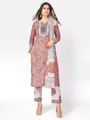 Women's Printed & lace Work Straight Cotton Pink Kurta With Pant & Dupatta 8