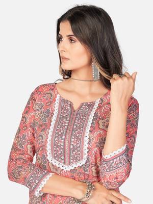 Women's Printed & lace Work Straight Cotton Pink Kurta With Pant & Dupatta 9