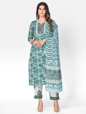 Women's Printed & lace Work Straight Cotton Light Aqua Kurta With Pant & Dupatta 1