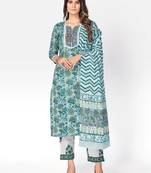 Women's Printed & lace Work Straight Cotton Light Aqua Kurta With Pant & Dupatta