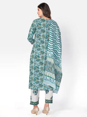 Women's Printed & lace Work Straight Cotton Light Aqua Kurta With Pant & Dupatta 2