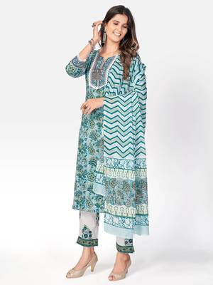 Women's Printed & lace Work Straight Cotton Light Aqua Kurta With Pant & Dupatta 3