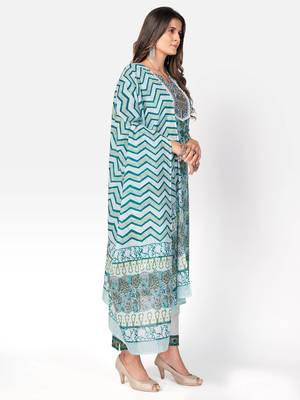 Women's Printed & lace Work Straight Cotton Light Aqua Kurta With Pant & Dupatta 4