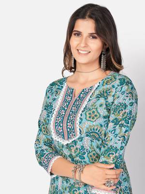 Women's Printed & lace Work Straight Cotton Light Aqua Kurta With Pant & Dupatta 5