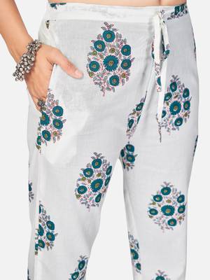 Women's Printed & lace Work Straight Cotton Light Aqua Kurta With Pant & Dupatta 6