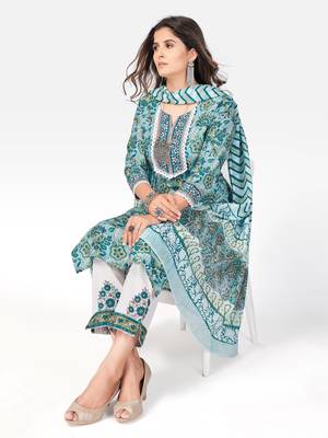 Women's Printed & lace Work Straight Cotton Light Aqua Kurta With Pant & Dupatta 8