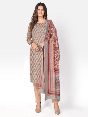 Women's Printed & sequience work Straight Cotton Olive Green Kurta With Pant & Dupatta 1