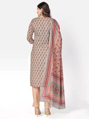 Women's Printed & sequience work Straight Cotton Olive Green Kurta With Pant & Dupatta 2
