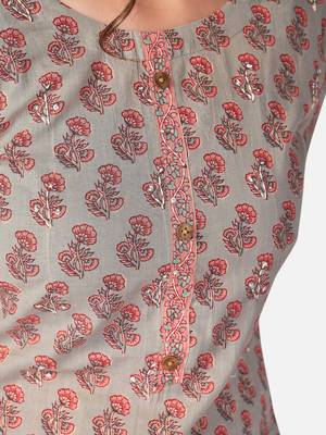 Women's Printed & sequience work Straight Cotton Olive Green Kurta With Pant & Dupatta 5