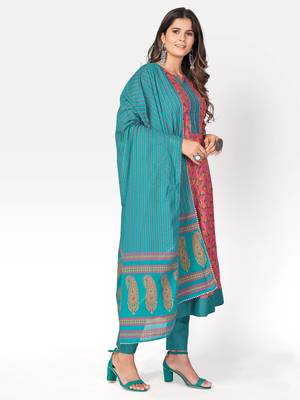 Women's Printed & sequience work A-line Cotton Pink Kurta With Pant & Dupatta 4