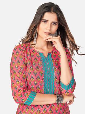 Women's Printed & sequience work A-line Cotton Pink Kurta With Pant & Dupatta 5
