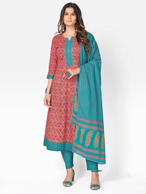 Women's Printed & sequience work A-line Cotton Pink Kurta With Pant & Dupatta 9