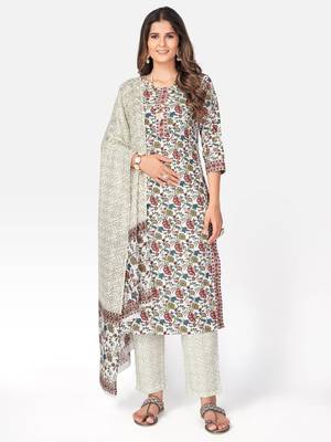 Women's Floral Print & gota patti Straight Cotton White Kurta With Pant & Dupatta 1