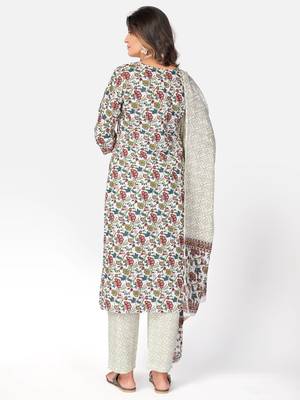 Women's Floral Print & gota patti Straight Cotton White Kurta With Pant & Dupatta 2