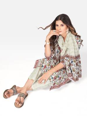 Women's Floral Print & gota patti Straight Cotton White Kurta With Pant & Dupatta 8