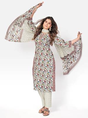 Women's Floral Print & gota patti Straight Cotton White Kurta With Pant & Dupatta 9