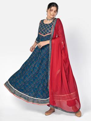 Women's Printed & Gota Patti Anarkali Cotton Dark Aqua Kurta With Pant & Dupatta 1