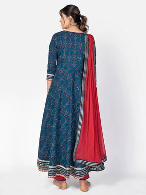 Women's Printed & Gota Patti Anarkali Cotton Dark Aqua Kurta With Pant & Dupatta 2