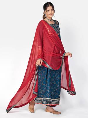 Women's Printed & Gota Patti Anarkali Cotton Dark Aqua Kurta With Pant & Dupatta 3