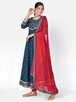 Women's Printed & Gota Patti Anarkali Cotton Dark Aqua Kurta With Pant & Dupatta 4