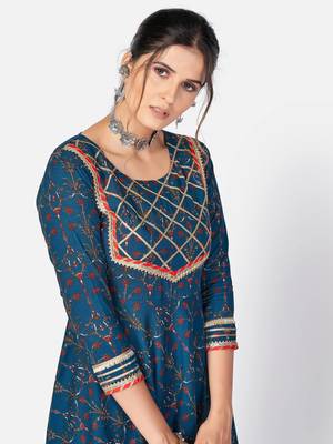 Women's Printed & Gota Patti Anarkali Cotton Dark Aqua Kurta With Pant & Dupatta 5