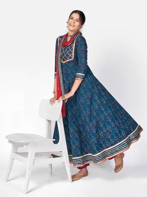 Women's Printed & Gota Patti Anarkali Cotton Dark Aqua Kurta With Pant & Dupatta 8