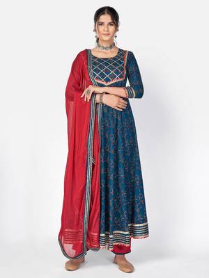 Women's Printed & Gota Patti Anarkali Cotton Dark Aqua Kurta With Pant & Dupatta 9