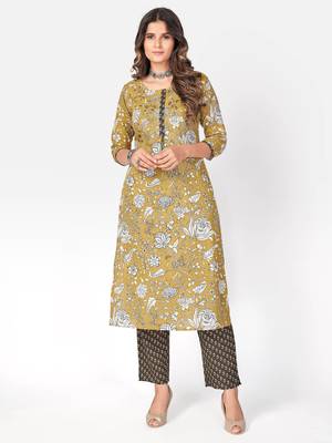 Women's Printed & kasab embroidered Straight Cotton Light Yellow Kurta With pant 1