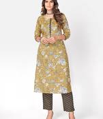 Women's Printed & kasab embroidered Straight Cotton Light Yellow Kurta With pant