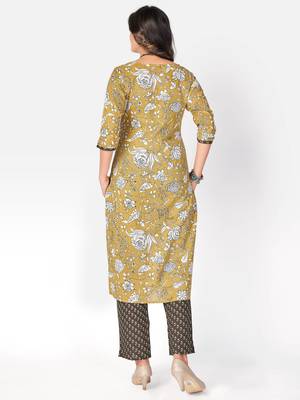 Women's Printed & kasab embroidered Straight Cotton Light Yellow Kurta With pant 2