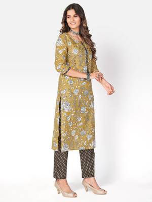 Women's Printed & kasab embroidered Straight Cotton Light Yellow Kurta With pant 3