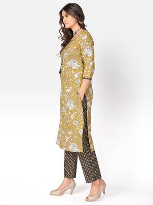 Women's Printed & kasab embroidered Straight Cotton Light Yellow Kurta With pant 4