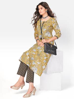 Women's Printed & kasab embroidered Straight Cotton Light Yellow Kurta With pant 7