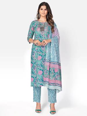 Women's Printed & embroidered Straight Cotton Turquoise Kurta With Pant & Dupatta 1
