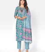 Women's Printed & embroidered Straight Cotton Turquoise Kurta With Pant & Dupatta