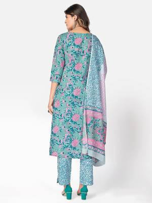 Women's Printed & embroidered Straight Cotton Turquoise Kurta With Pant & Dupatta 2