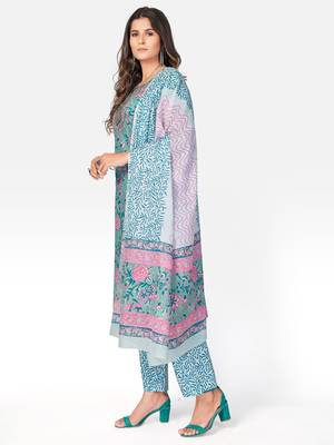 Women's Printed & embroidered Straight Cotton Turquoise Kurta With Pant & Dupatta 3