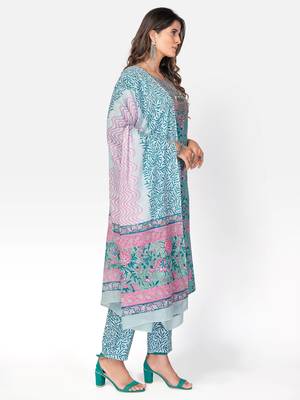 Women's Printed & embroidered Straight Cotton Turquoise Kurta With Pant & Dupatta 4