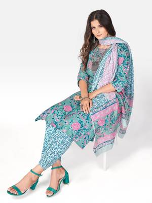 Women's Printed & embroidered Straight Cotton Turquoise Kurta With Pant & Dupatta 8