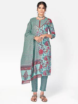 Women's Printed & sequience work Straight Cotton sky blue Kurta With Pant & Dupatta 1